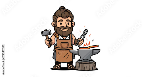 Animated blacksmith cartoon character with a hammer and tongs forging heated metal art