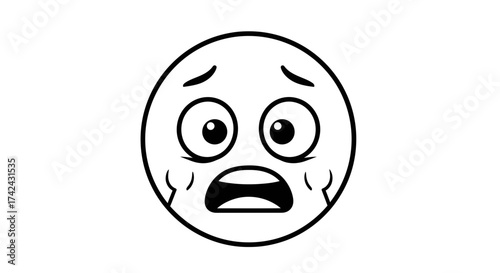 Animated illustration of a fearful emoji face with wide eyes and open mouth displayed in black and