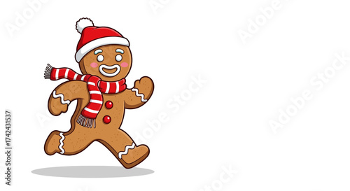 Animated gingerbread man running with festive attire against a white backdrop illustration