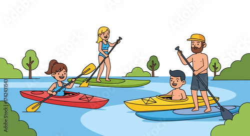 Animated illustration of family members enjoying summer activities in kayaks and paddleboards