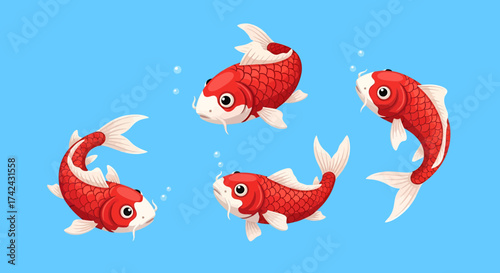Animated koi fish collection swimming gracefully in serene blue backdrop illustration