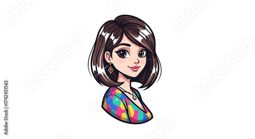 Animated portrait of a stylish woman with bob haircut and colorful top illustration
