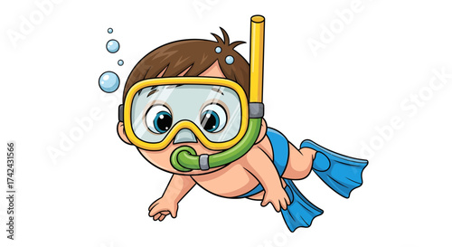 Animated toddler exploring underwater with snorkel, goggles, and fins diving deep