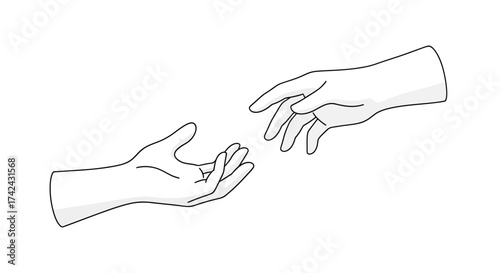 Artistic representation of two outstretched hands reaching towards each other in white backdrop,