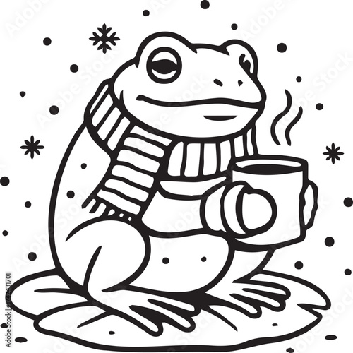 vector illustration of a cartoon winter frog with hot cocoa