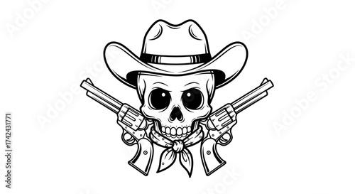 Black and white line art illustration of a skeletal cowboy with crossed pistols