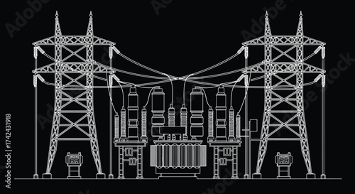 High voltage electric substation blueprint with transformers and transmission towers, industrial power distribution network, energy infrastructure design, engineering illustration, technology concept