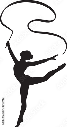 Vector Silhouette of Rhythmic Gymnast in Graceful Pose with Flowing Ribbon | Flat Minimalist Ultra HD Vector
