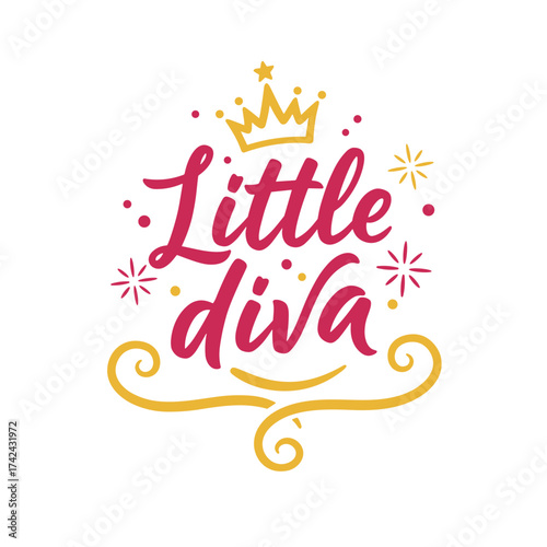 Illustration depicts a stylized lettering design with the words little diva in pink and a golden crown on top of the inscription.