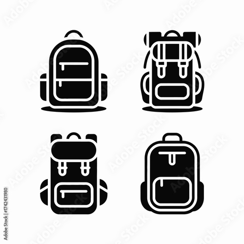 Set of minimalist vector backpack icons scalable illustration for travel and outdoor adventure eps format silhouette vector illustration white background