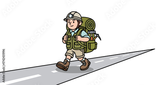 Cartoon explorer on a path embodying adventurous spirit and outdoor discovery ready for hiking