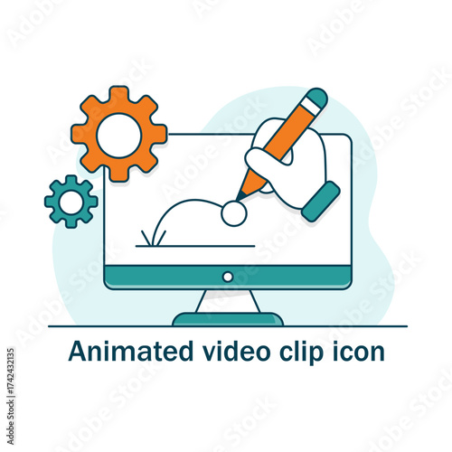 Animated Video Clip Icon - Motion Graphics Animation Process Concept Gear Setting icon with editable stroke.
