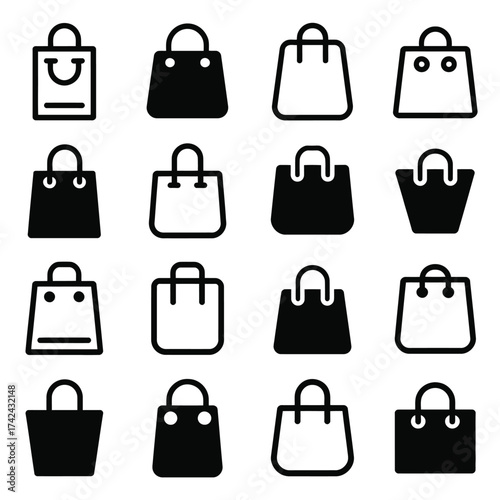 Diverse collection of shopping bag icons scalable vector graphics for e-commerce and retail design eps format silhouette vector illustration white background
