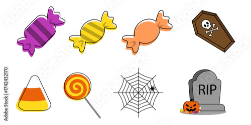 A collection of colorful cartoon Halloween icons including candy, a coffin, a spiderweb, and a tombstone on a white background.