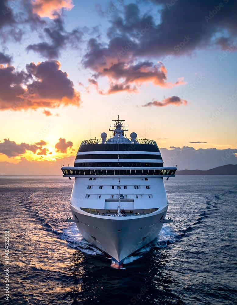 Naklejka premium Cruise ship sailing toward the sunset