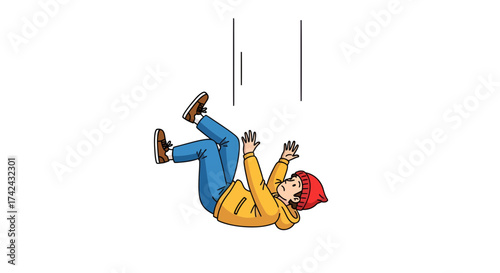 Cartoon Illustration of a Man Falling Downward with Anxiety and Uncertainty Feeling