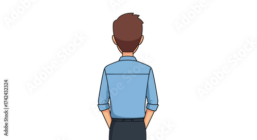 Cartoon illustration of a man with light blue shirt and dark hair standing straight with back view