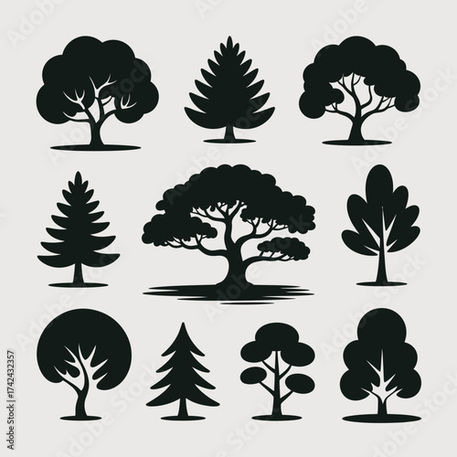 Set of sleek modern vector sticker illustrations of diverse tree silhouettes scalable eps format silhouette vector illustration white background