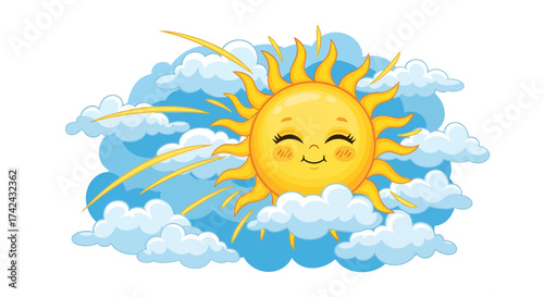 Cartoon illustration of a happy sun character floating among fluffy clouds in a serene sky