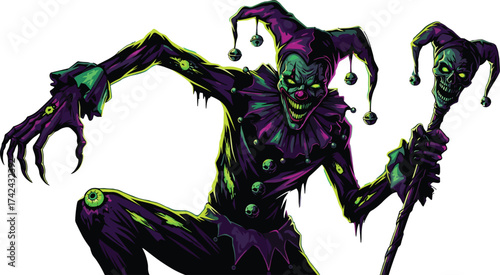 Sinister jester monster, horror fantasy clown, glowing green eyes, creepy circus character, Halloween scary mime, gothic costume, eerie makeup, nightmare