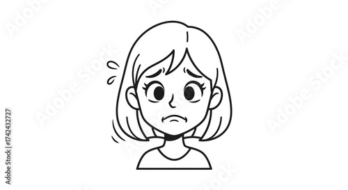 Cartoon illustration portraying a worried young woman with sweat drops near her face
