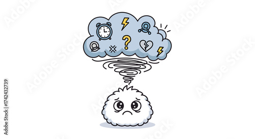 Cartoon illustration portraying anxiety and overwhelming thoughts with a sad character and stormy
