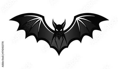 Silhouette of a black bat with outstretched wings on a white background