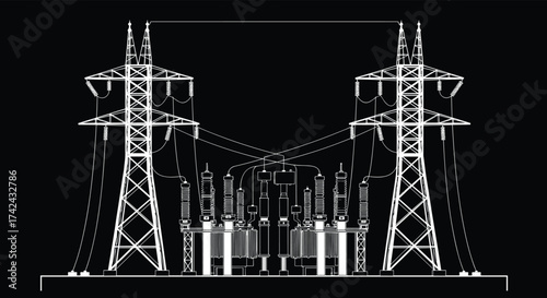 High voltage electrical substation with transmission towers and power transformers, energy distribution system, industrial technology, electricity infrastructure vector illustration