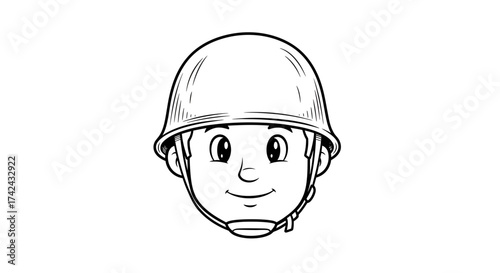 Cartoon line drawing of a smiling young boy wearing an army helmet illustration