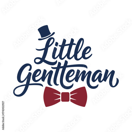 Calligraphic drawing states the phrase "little gentleman" and it is decorated with a bow tie and a hat on a white backdrop.