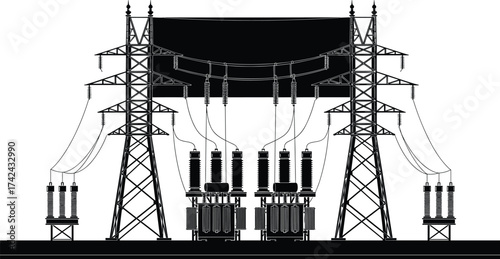 High voltage electrical substation with transformers and power transmission towers, industrial energy distribution system, electricity infrastructure illustration, engineering concept design