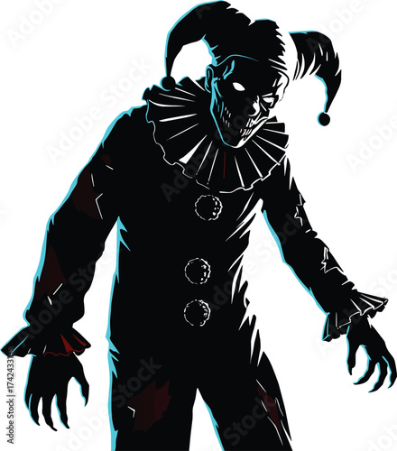 Sinister jester silhouette, glowing eyes, clawed hands, dramatic lighting, horror fantasy character, eerie costume, Halloween concept, stylized clown illustration