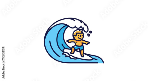 Cartoon surfer conquering a vibrant blue wave on a sunny day stylized character