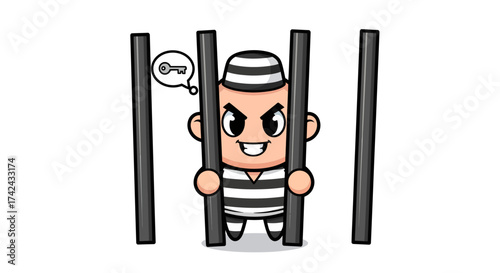 Cartoonish convict imagining escape behind bars with a key thought bubble graphic illustration