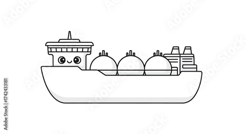 Cartoonish liquefied natural gas carrier with friendly expression on white background