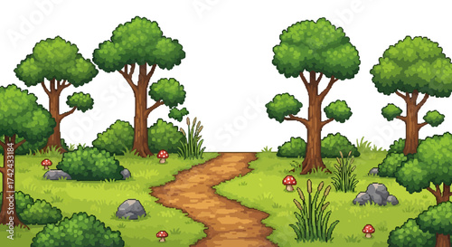 Cartoon style illustration of a whimsical forest path with lush vegetation and mushrooms
