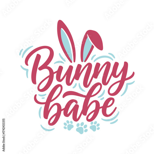 The illustration features a playful design with the words 'Bunny babe', bunny ears, and paw prints in a cute, cartoon style.