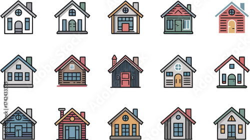 Collection of cute colorful house icons symbolizing home and architecture