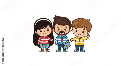 Charming cartoon characters featuring a girl, boy, and man depicting childhood joy and family bonds