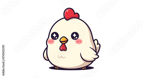 Charming cartoon chicken with large starry eyes expressing a cute demeanor