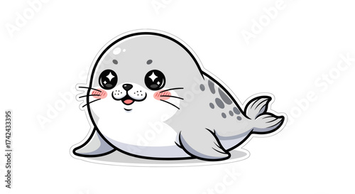 Charming cartoon harbor seal pup with sparkling eyes, a delightful aquatic illustration