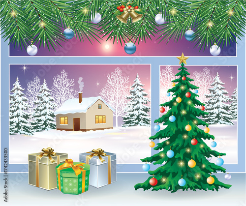 Happy New Year 2026. Christmas tree on winter night landscape outside the window. Vector card design with colorful gift boxes on the window for New Year background, cards, posters, marketing .