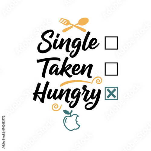 Illustration shows three checkboxes, one each for single, taken, and hungry, with the hungry box checked in this humorous design.