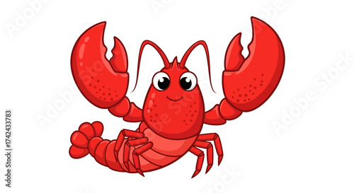 Cheerful cartoon lobster character posing on a white background illustration for seafood concept