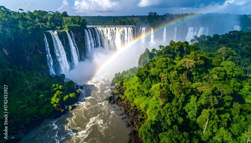 A spectacular aerial view of a massive waterfall with a beautiful rainbow arching over a misty gorge in a lush tropical rainforest