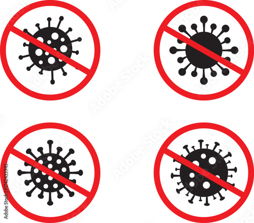 Virus and Germ Prevention Icons Set – Red Prohibition Symbols for Hygiene, Disease Control, and Pandemic Safety Vector Illustration.