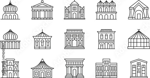 Collection of diverse architectural structures in minimalist line art style