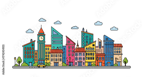 Colorful urban landscape illustration with cartoon buildings and clock tower showcasing city