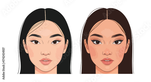 Comparison of makeup styles on two different Asian facial features and skin tones illustration