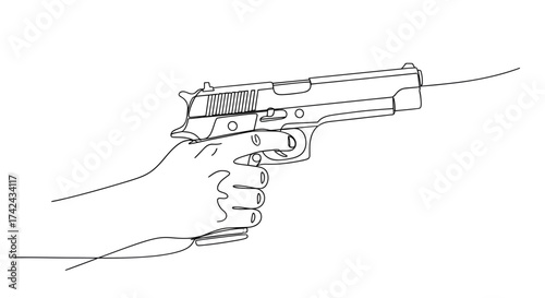 Continuous line drawing showcasing hand holding firearm conveying tension and aggression